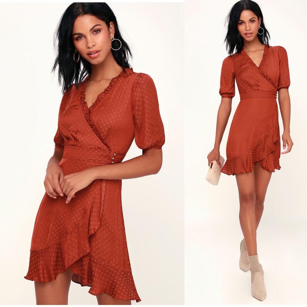 🆕 Rust Red Polka Dot Satin Wrap Dress